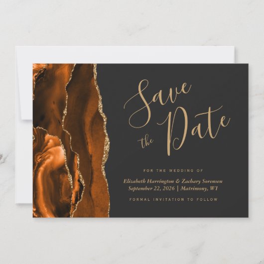 Modern Burnt Orange Gold Agate Dark Save the Date Einladung (Vorderseite)