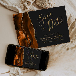 Modern Burnt Orange Gold Agate Dark Save the Date Einladung