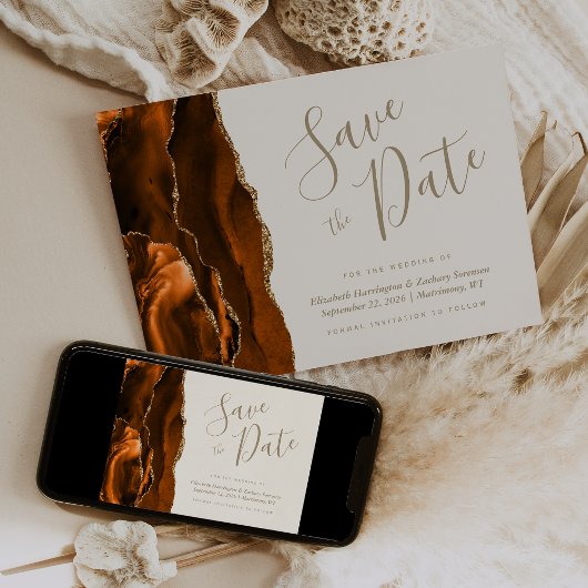 Modern Burnt Orange Gold Agate Ivory Save the Date Einladung