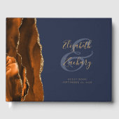 Modern Burnt Orange Gold Agate Navy Blau Gästebuch (Vorderseite)