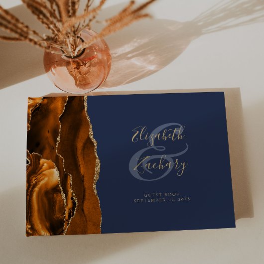 Modern Burnt Orange Gold Agate Navy Blau Gästebuch