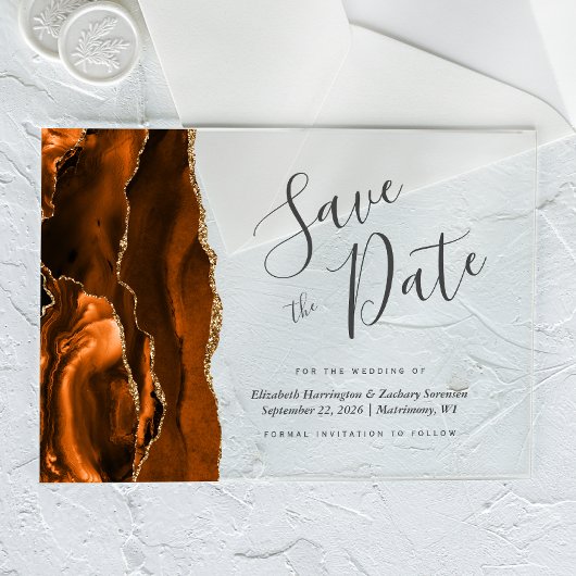 Modern Burnt Orange Gold Agate Save the Date Karte Acryleinladungen