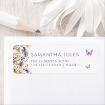 Modern Butterflies Purple Floral Return Address