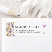 Modern Butterflies Purple Floral Return Address