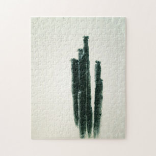 Modern Cactus Art Green Off White Puzzle