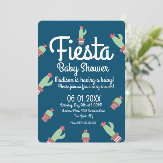 Modern Cactus Border Fiesta Baby Shower Einladung (Stehend Vorderseite)