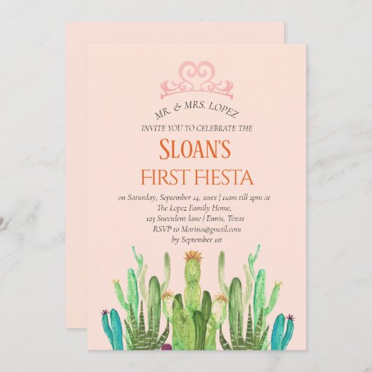 Modern Cactus Tiara First Fiesta Birthday Einladung (Vorne/Hinten)