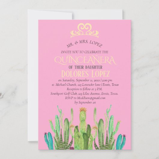 Modern Cactus Tiara Quinceañera Fiesta Birthday Einladung (Vorderseite)