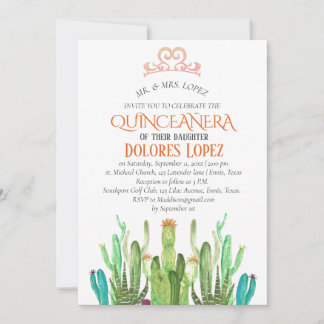 Modern Cactus Tiara Quinceañera Fiesta Birthday Einladung