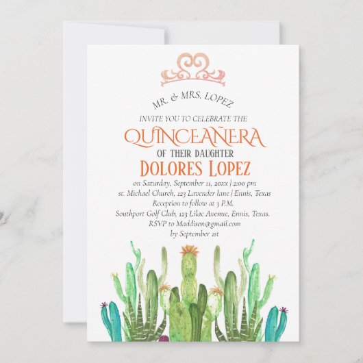 Modern Cactus Tiara Quinceañera Fiesta Birthday Einladung (Vorderseite)