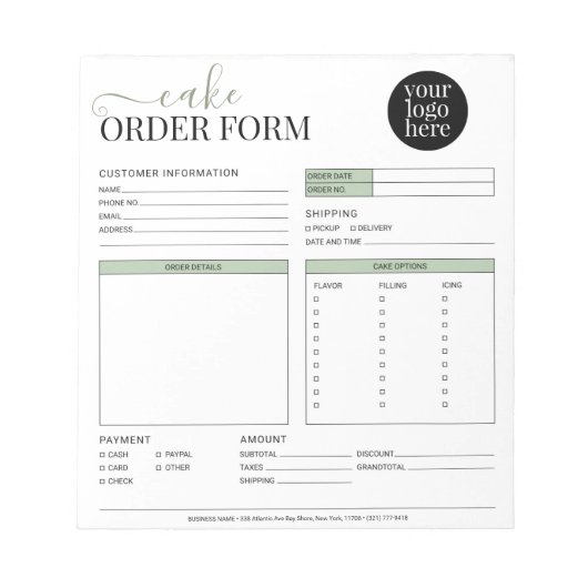 Modern Cake Cupcake Bäckerei Sage Green Order Form Notizblock (Vorderseite)