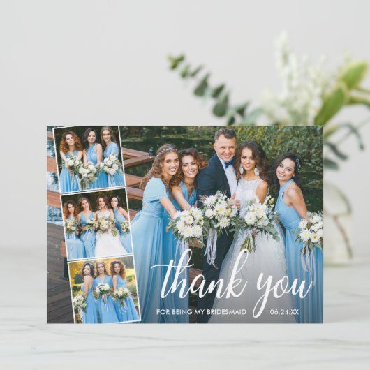 Modern Calligraphy 4 Foto Collage Bridesmaid Dankeskarte (Stehend Vorderseite)