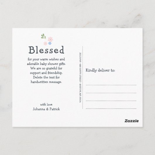 Modern Calligraphy Baby Shooter Vielen Dank Postkarte (Rückseite)