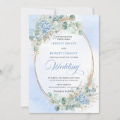 Modern Calligraphy Blue Floral Gold Wedding Invite Einladung (Vorderseite)