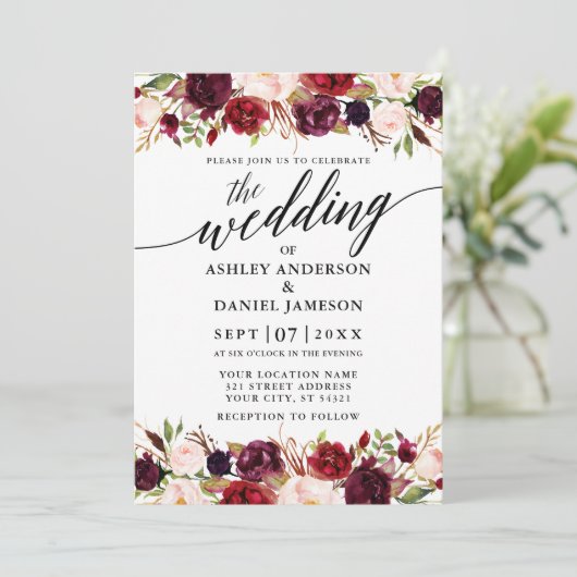 Modern Calligraphy Burgundy Floral Elegant Wedding Einladung (Stehend Vorderseite)