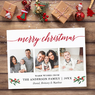 Modern Calligraphy Holly Red Christmas 3 Foto Postkarte