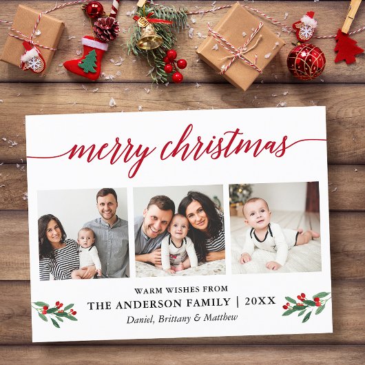 Modern Calligraphy Holly Red Christmas 3 Foto Postkarte