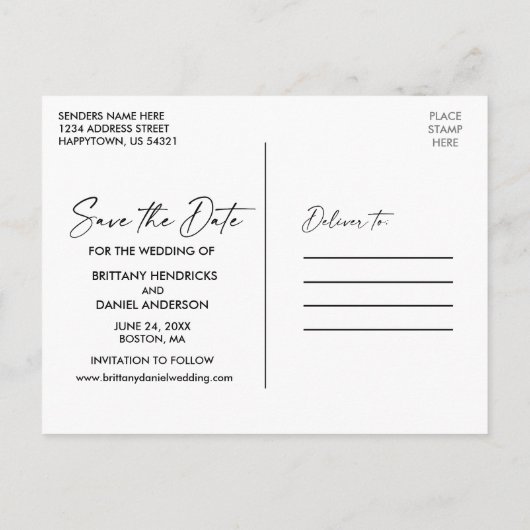 Modern Calligraphy Ink Pen Save the Date Foto Postkarte (Rückseite)