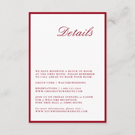 Modern Calligraphy Red Wedding Detail Card Begleitkarte (Vorderseite)