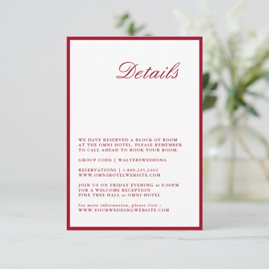 Modern Calligraphy Red Wedding Detail Card Begleitkarte (Stehend Vorderseite)