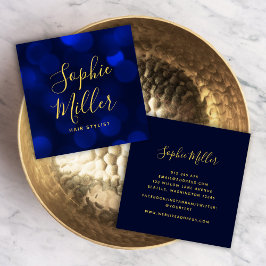 Modern Calligraphy Sapphire Blue Bokeh Lights Quadratische Visitenkarte