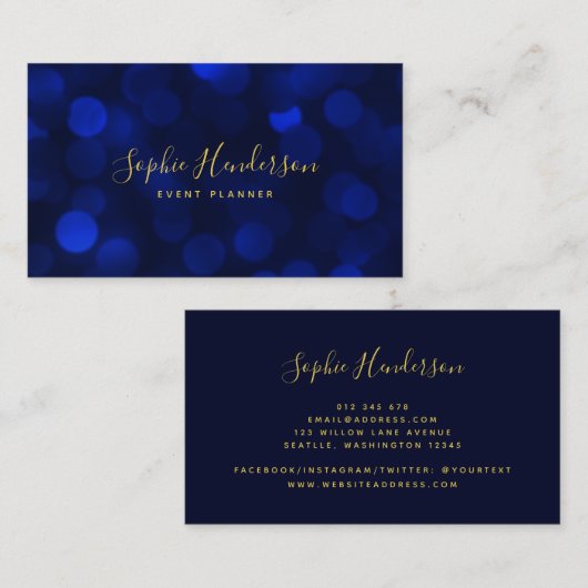 Modern Calligraphy Sapphire Blue Bokeh Lights Visitenkarte (Vorne/Hinten)