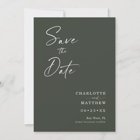 Modern Calligraphy Script 1 Foto New Olive Save The Date (Vorderseite)