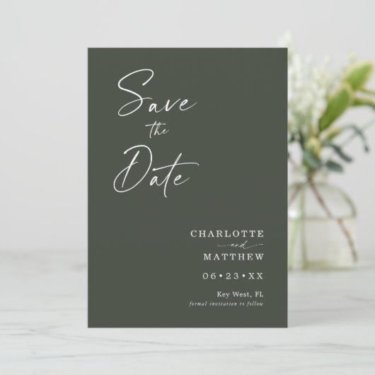 Modern Calligraphy Script 1 Foto New Olive Save The Date (Stehend Vorderseite)