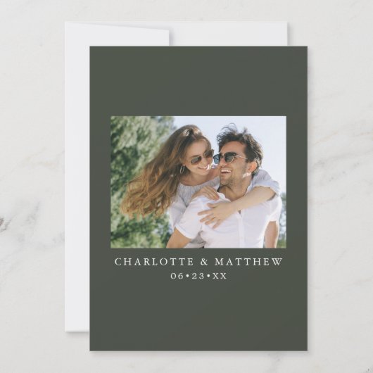 Modern Calligraphy Script 1 Foto New Olive Save The Date (Rückseite)