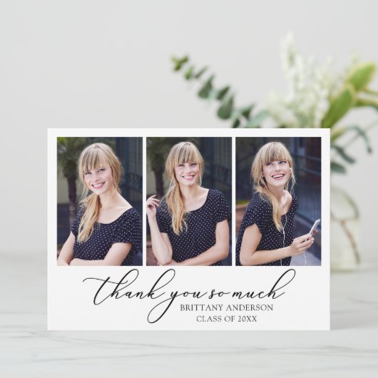 Modern Calligraphy Script 3 Fotos Abschluss Dankeskarte (Stehend Vorderseite)