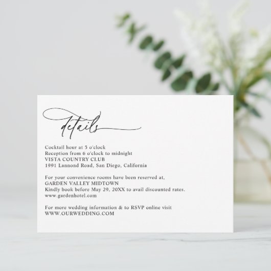 Modern Calligraphy Script Simple Wedding Details Begleitkarte (Stehend Vorderseite)