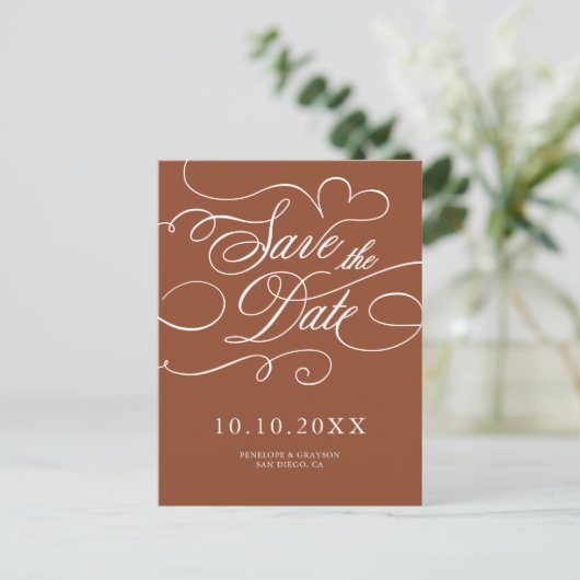 Modern Calligraphy Terracotta boho Save the Date Postkarte (Stehend Vorderseite)