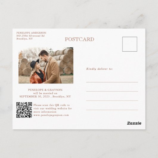 Modern Calligraphy Terracotta boho Save the Date Postkarte (Rückseite)