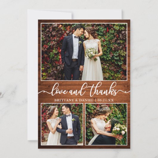 Modern Calligraphy Wood 3 Foto Wedding Collage Dankeskarte (Vorderseite)
