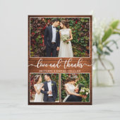 Modern Calligraphy Wood 3 Foto Wedding Collage Dankeskarte (Stehend Vorderseite)