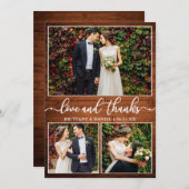 Modern Calligraphy Wood 3 Foto Wedding Collage Dankeskarte (Vorne/Hinten)