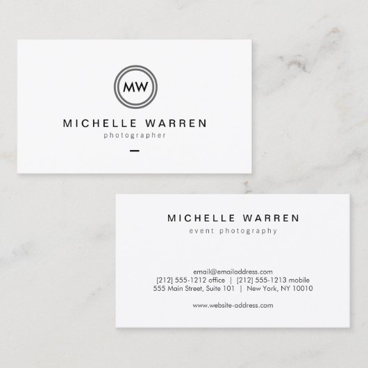 Modern Camera Lens Initials Logo B/W Fotograf Visitenkarte (Vorne/Hinten)