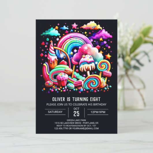 Modern Candy Birthday Einladung (Stehend Vorderseite)