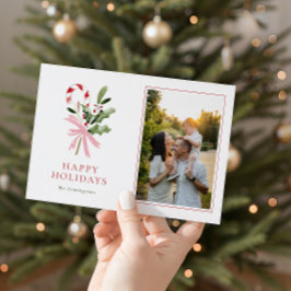 Modern Candy Cane Holly & Bow Photo Holiday Card Feiertagskarte