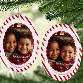 Modern Candy Cane Stripe Christmas 2 Sided Photo  Keramik Ornament