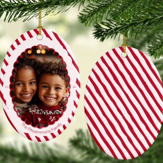 Modern Candy Cane Stripe Christmas Photo  Keramik Ornament