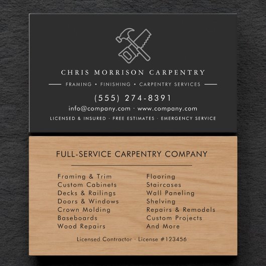 Modern Carpentry Service Wood Hammer Saw Visitenkarte