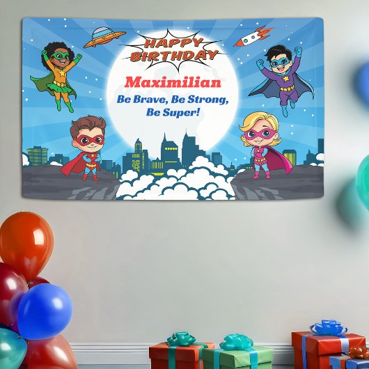 Modern Cartoon Superheran Birthday Party Banner