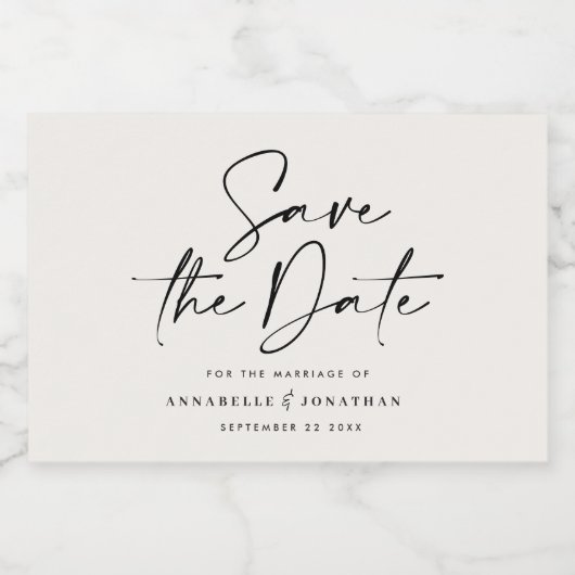 Modern casual script black save the date wedding schaumweinetikett (Einzelnes Label)