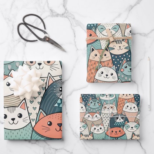 Modern Cat Characters Pattern Geschenkpapier Set (Vorderseite)
