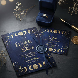 Modern Celestial Navy and Gold Moon Stars Wedding  Einladung