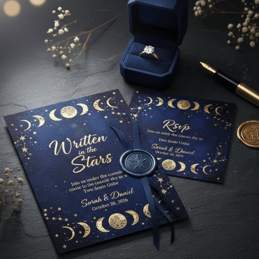 Modern Celestial Navy and Gold Moon Stars Wedding  Einladung