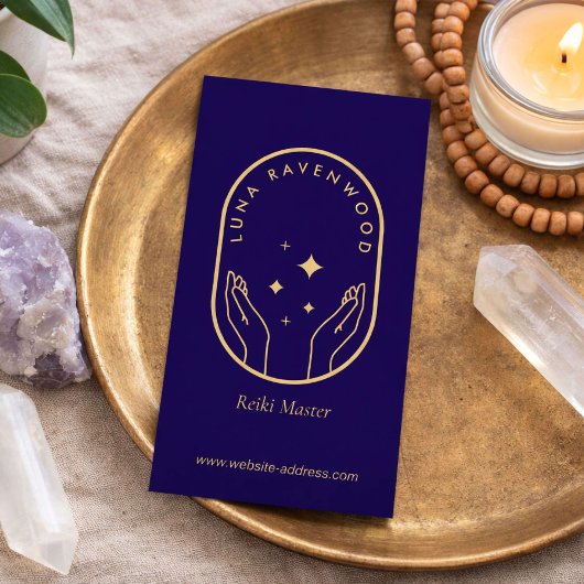 Modern Celestial Reiki Master Healing Hands Blue Visitenkarte