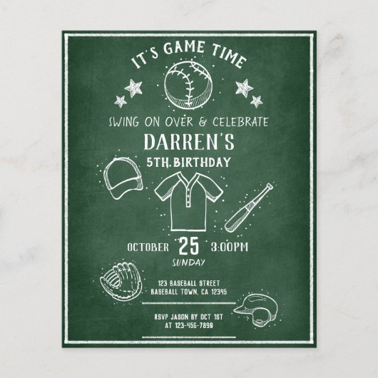 Modern Chalkboard Baseball Budget Geburtstag Einla (Vorderseite)