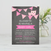 Modern Chalkboard Bunting Owl GIRL Baby Dusche Einladung (Stehend Vorderseite)
